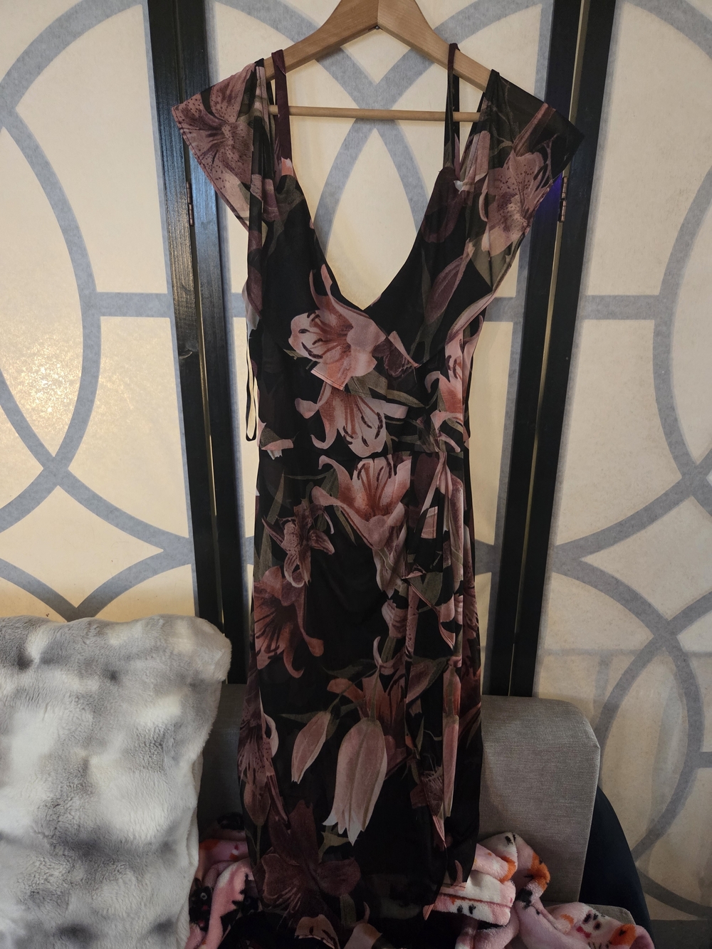 le chateau Black Midi Dress with Mauve Floral Print